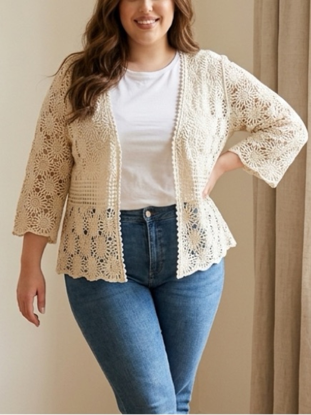 Lauren Michelle Cream Crochet Floral Open Cardigan Size XL Boho Feminine Whimsy